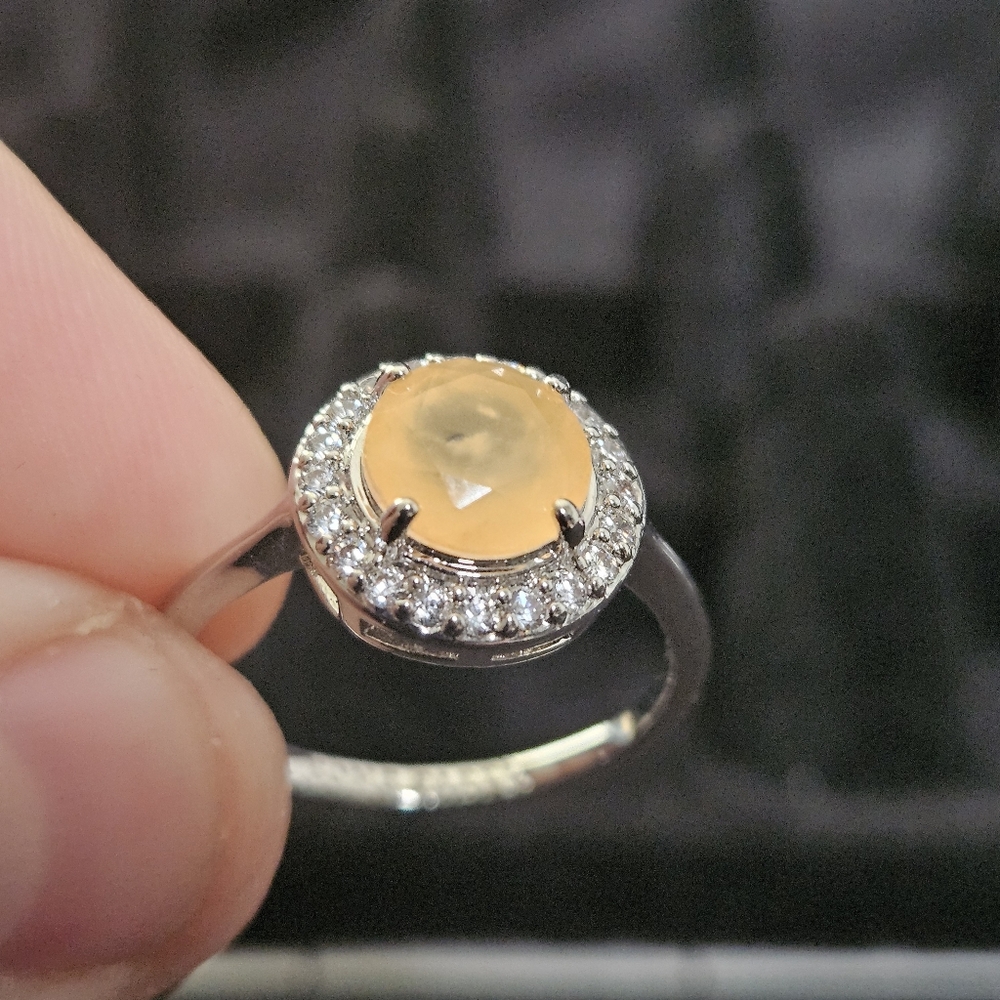 Bomb Party Peach color Lab Created Stone. Rhodium Plating Size 9 Ring